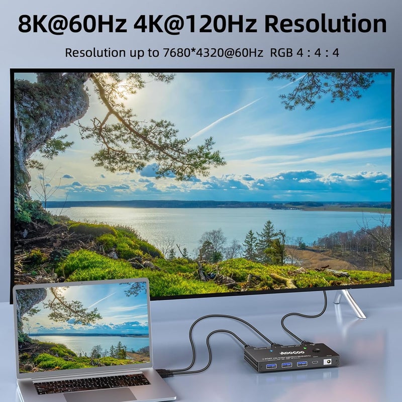 AOOCOO مفتاح KVM HDMI 8K@60Hz لشاشة واحدة و2 كمبيوترات 4K@144Hz مع منفذ USB 3.0، جهاز تحكم سلكي، محول طاقة وكابلات USB3.0 مشمولة (10 سم 2 كمبيوتر 1 شاشة 8K KVM) - Image 3